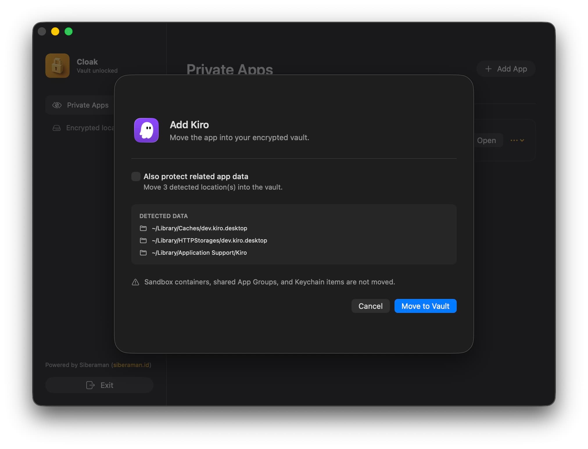 Cloak showing supported related app data before it is moved into the vault.