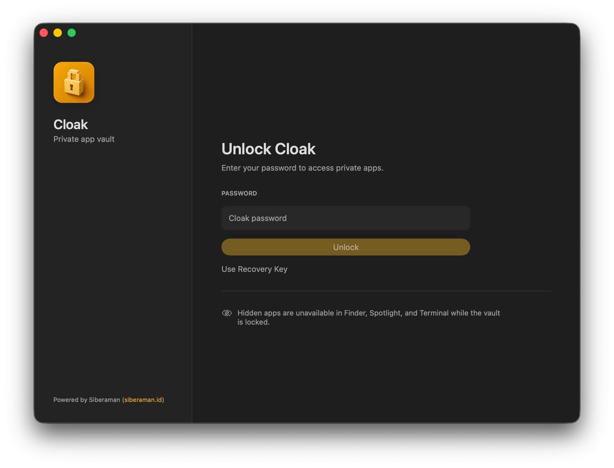 Cloak password screen with recovery key access.