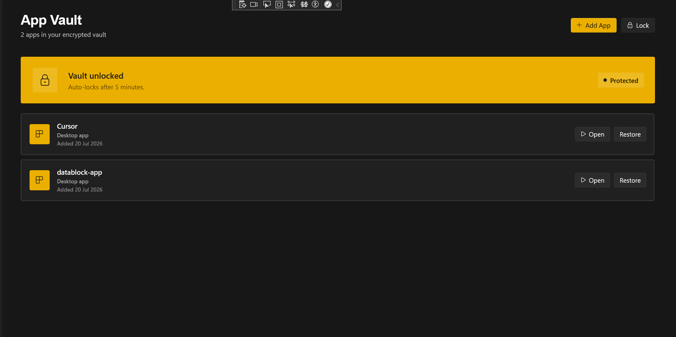 Cloak App Vault running on Windows with protected desktop applications.